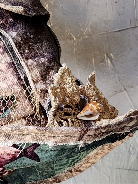 Avant-Garde Top Hat Designer Turtle Patched Raw Upcycled Denim Gold Lace Shell main image 9